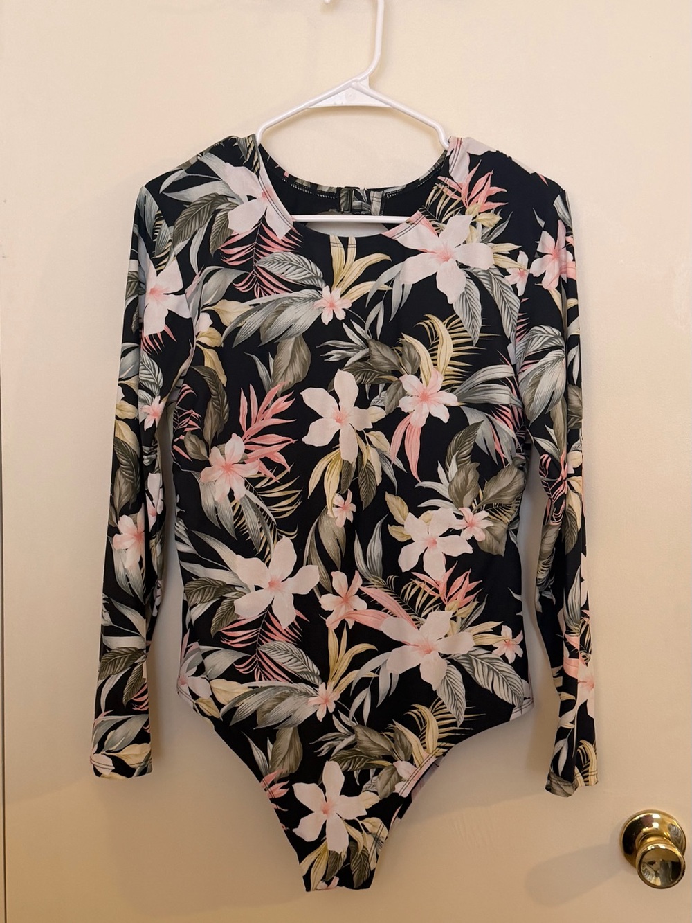 Kona Sol Long-Sleeve Swimsuit - Black with Pink & Green Floral Print